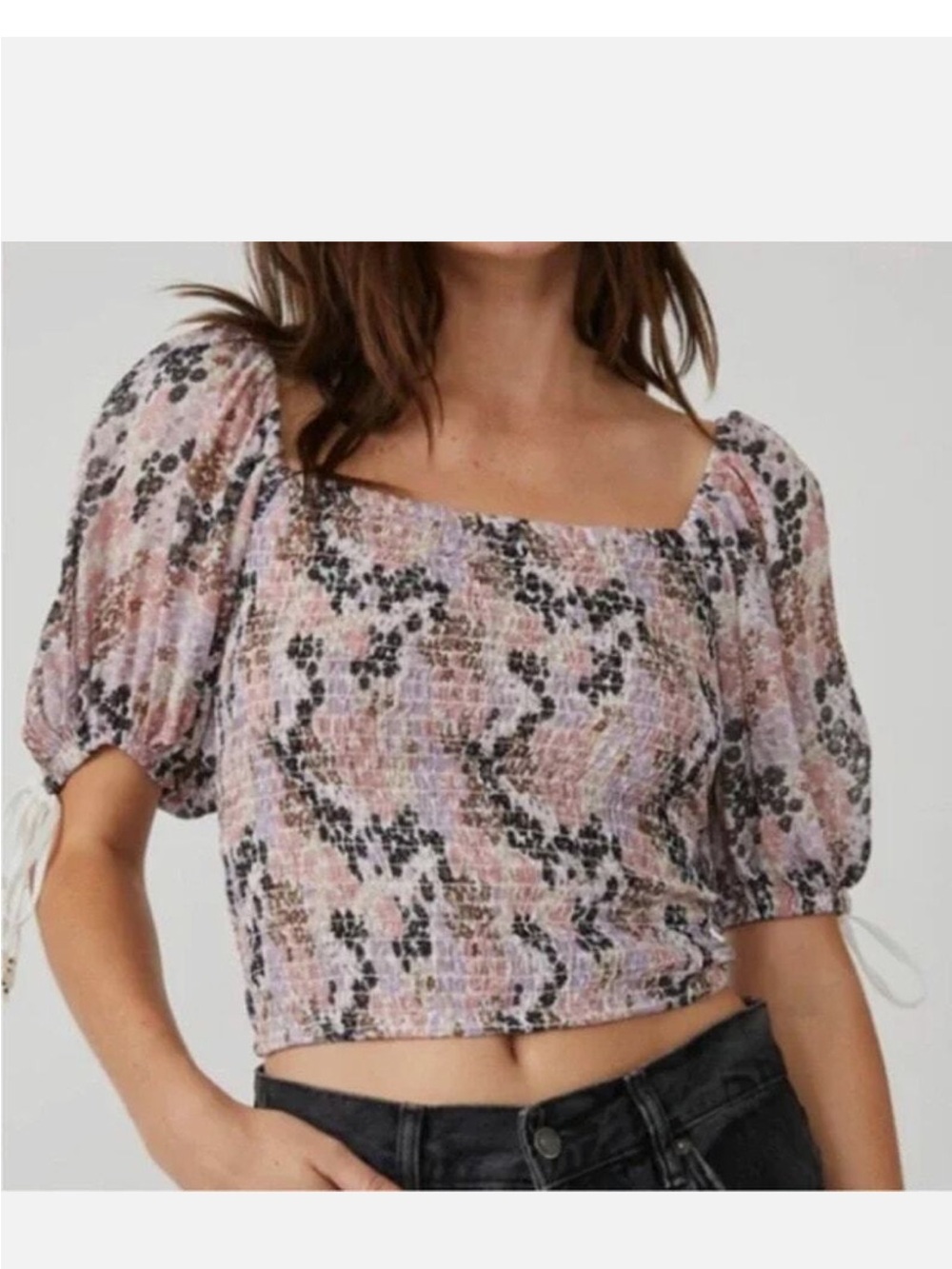 Free People Pink Multi Smocked Square Neck Puff Sleeve Crop Top
